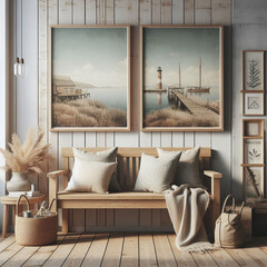 modern living room with marine paintings