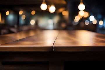 Wood table top, Bar with blur, dark night cafe background