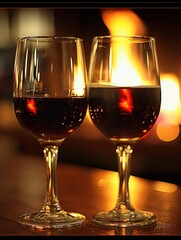 Two glasses of wine are placed on a table