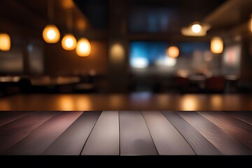 Wood table top, Bar with blur, dark night cafe background