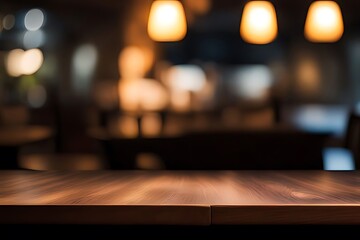 Wood table top, Bar with blur, dark night cafe background