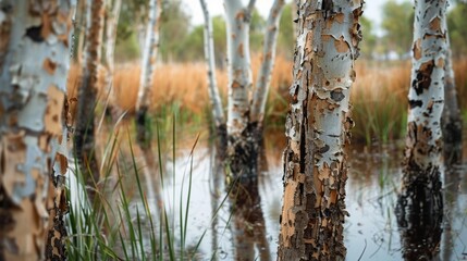 Close up of wet paper bark trees alongside a waterhole in a wetlands setting