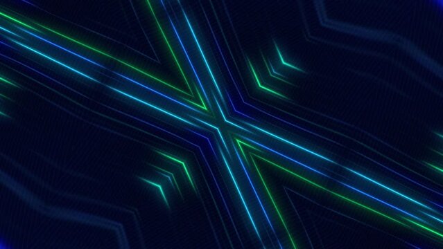 Trendy gaming background with glowing green and blue neon light beams. Stylish futuristic tech animation.