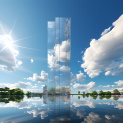 Modern skyscraper with reflective glass panels against the blue sky
