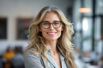 Smiling successful businesswoman leader, wearing reading glasses, standing in an office at a team meeting.
