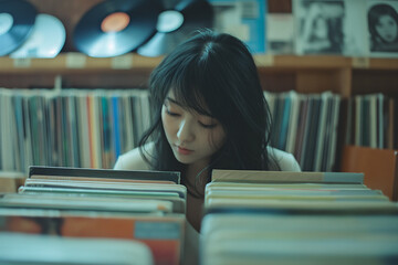 Woman looking for vinyl records in music store, nostalgia, retro