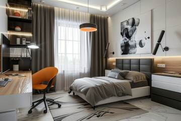 Modern stylish teenagers room interior with spacious workplace and cozy bed for sale in photo stock