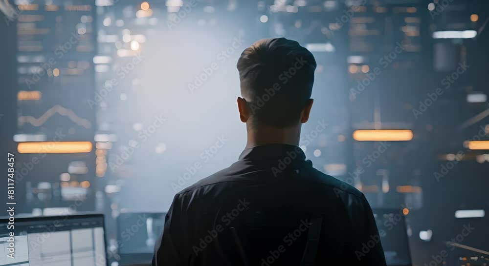 Poster expertise in cyber security: man specializing in hologram trading, data analysis and investment webs