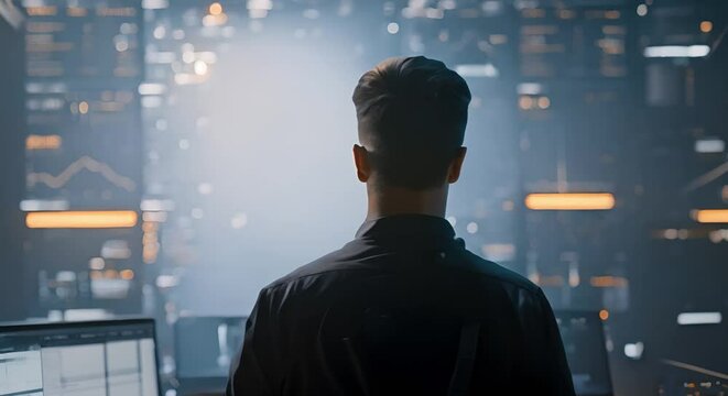 Expertise in Cyber Security: Man specializing in hologram trading, data analysis and investment websites. Concept Cyber Security, Hologram Trading, Data Analysis, Investment Websites, Specialization