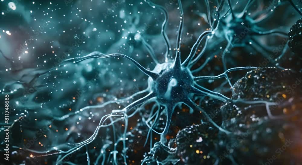 Poster examining neuron cells in a neural network for neuro research. concept biological neurons, neural ne