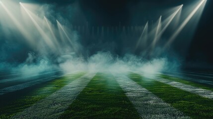 Ethereal Glow: A Surreal Scene of an Empty Soccer Field With Spotlights and Fog