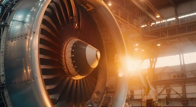 Industrial aircraft jet engine maintenance for efficient airplane power generation under sunlight. Concept Aircraft Maintenance, Jet Engines, Efficiency, Power Generation, Sunlight