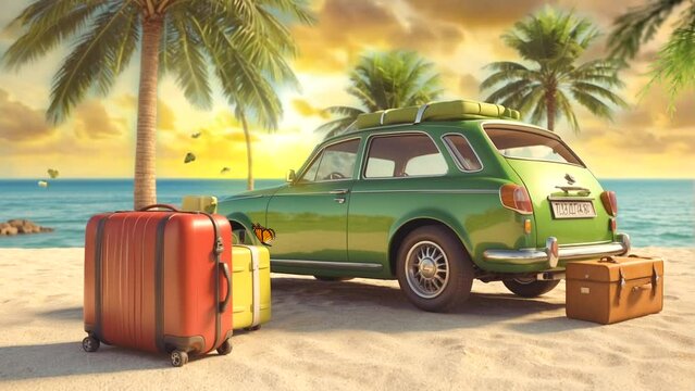 classic car picnic on beach with  trees