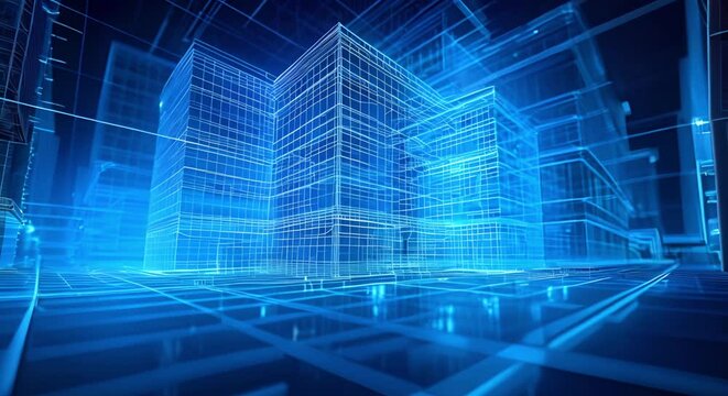 A holographic wireframe of a building viewed by a professional engineer. Concept Architecture, Engineering, Holographic Technology, Building Design, Professional Perspective