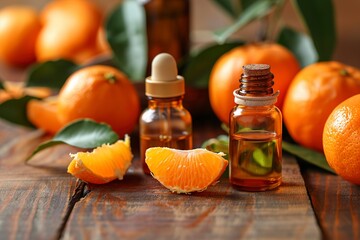 Bottles of tangerine essential oil and fresh fruits