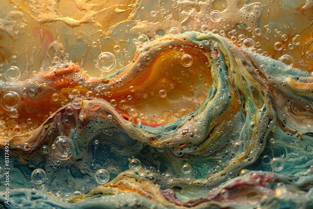 Aufkleber an abstract image with a mix of colors, textures, and bubbles, creating a mesmerizing fluid art impr