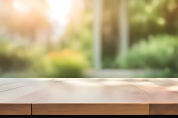 Empty wood table top, on blur abstract garden and house background from window, morning sunlight. concept for product display design