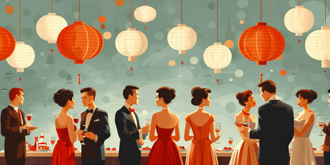 Elegant 1960s-style retro party scene. Vibrant digital illustrations of people socializing in a vintage setting. Mid-century modern party and lifestyle concept. Design for posters, invitations, and w