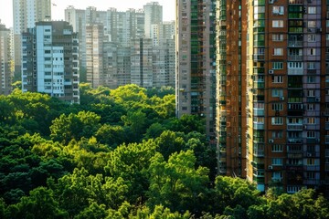 Modern apartment buildings in a green residential area on a sunny day in the city