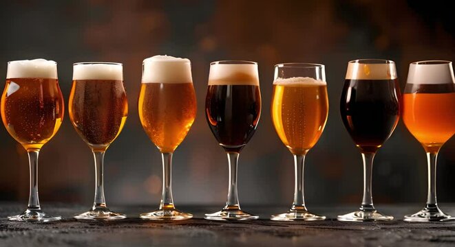 Variety of Beer Glasses Filled with Different Types on Dark Background. Concept Craft Beer, Glassware Selection, Beverage Photography, Beer Types, Dark Background