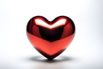 A glossy red heart, isolated on a white background, reflecting its surroundings. Ideal for themes of love, romance and Valentine’s Day. generative ai