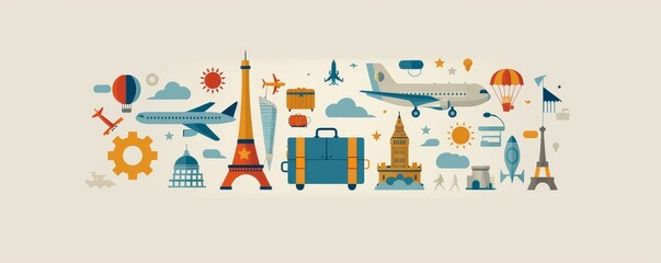 A modern banner showcasing a minimalist illustration of a suitcase, airplane, and iconic travel landmarks.