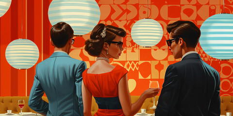 Elegant 1960s-style retro party scene. Vibrant digital illustrations of people socializing in a vintage setting. Mid-century modern party and lifestyle concept. Design for posters, invitations, and w