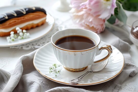 Cup of delicious aromatic coffee and eclair