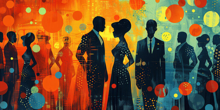 Elegant 1960s-style retro party scene. Vibrant digital illustrations of people socializing in a vintage setting. Mid-century modern party and lifestyle concept. Design for posters, invitations, and w