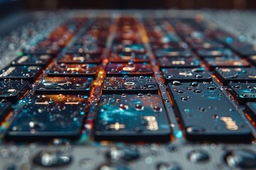Macro shot of water droplets on colorful backlit smartphone keyboards