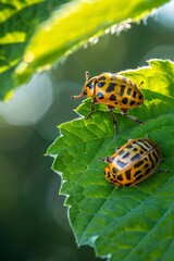 Fototapeta premium beetles on green leaf against blurred