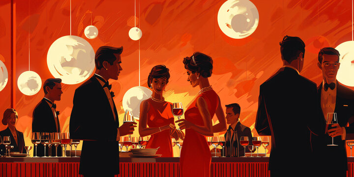 Elegant 1960s-style retro party scene. Vibrant digital illustrations of people socializing in a vintage setting. Mid-century modern party and lifestyle concept. Design for posters, invitations, and w