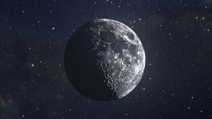 A hyperrealistic close-up of a new moon, a black circle against a star-filled night sky, with the faint glow of Earthshine illuminating its edge.