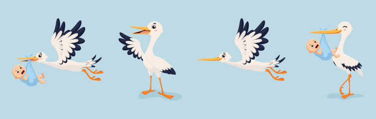 Set of  Cute cartoon stork carrying baby, banner