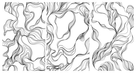 Hand drawn abstract illustration with wavy lines and curves collection. Isolated smoke on white background set.