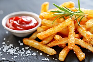 Delicious french fries with ketchup on table