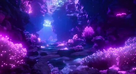 Underwater cave with bioluminescent alien plants pinkpurple glow perfect for fantasy RPG. Concept Underwater cave, Bioluminescent plants, Pink and purple glow, Fantasy RPG, Alien atmosphere