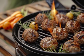 Electric grill with vegetables meat balls and rosemary
