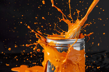 Paintbrush falling into an open metal can with splashing orange paint on a black background
