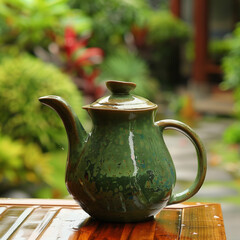 Rejuvenating Green Tea Pitcher: A Peaceful Monastery Garden Scene