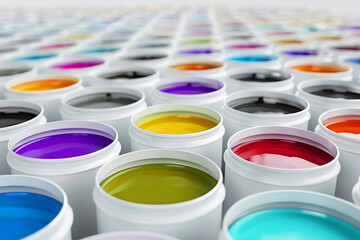 Fototapeta premium Palette of paint colors in white cans set in rows. Multi colored dye liquids in open plastic tins. Abstract view. Renovation and design choice concept