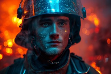 A close-up of a firefighter with reflections and water droplets on his helmet and visor, against a red backdrop