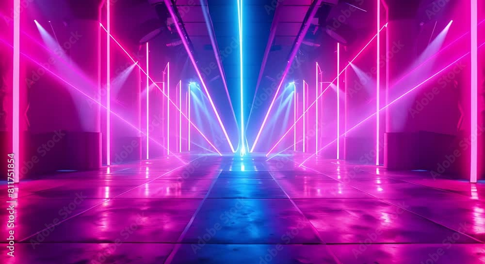 Poster neon geometric background with colorful laser lines in futuristic empty club stage. concept abstract