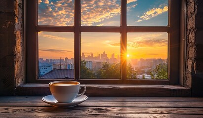 Serene sunrise cityscape viewed through window with coffee cup
