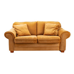 Cozy Mustard Velvet Sofa with Rolled Arms and Plush Cushions, isolated, transparent background, white background, no background