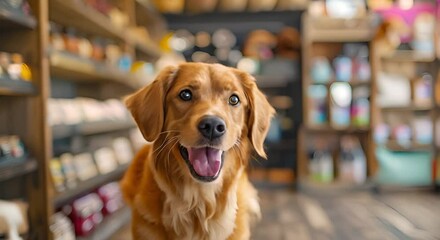 Delivery dog brings joy with pet accessories in a happy store. Concept Pet Accessories, Delivery Service, Happy Store, Joyful Pets, Cute Dog
