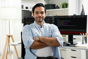 Profile's smart IT developer looking camera to pose against on software development coding on two...