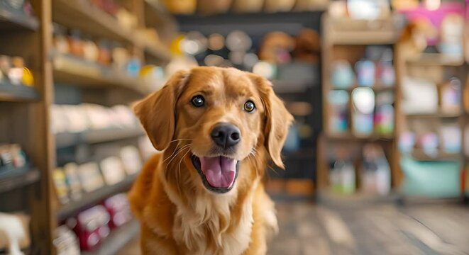 Delivery dog brings joy with pet accessories in a happy store. Concept Pet Accessories, Delivery Service, Happy Store, Joyful Pets, Cute Dog