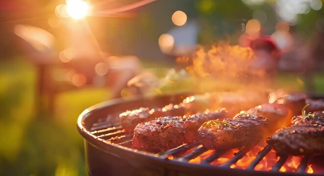Blurred background of outdoor team BBQ party with space for text. Concept Outdoor Event, Team BBQ Party, Blurred Background, Space for Text