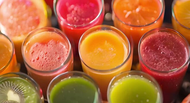 Vibrant Variety of Freshly Squeezed Fruit Juices. Concept Refreshing beverages, Homemade recipes, Healthy drink options